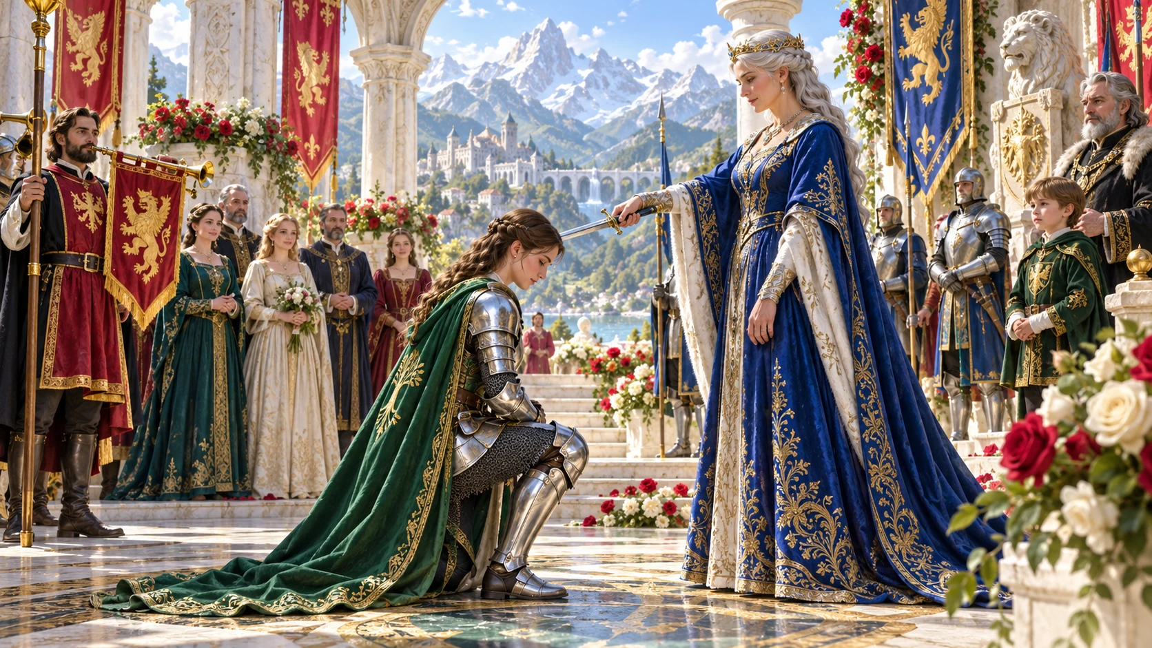 A queen performs a knighting ceremony before formally dressed guests in a fantasy palace.