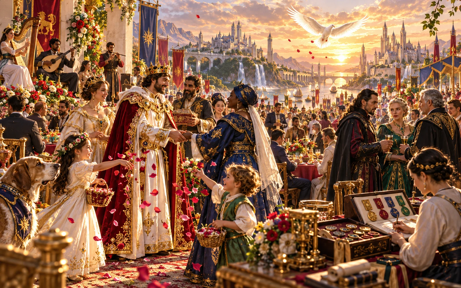 Guests present gifts and continue their conversations after a formal royal celebration.