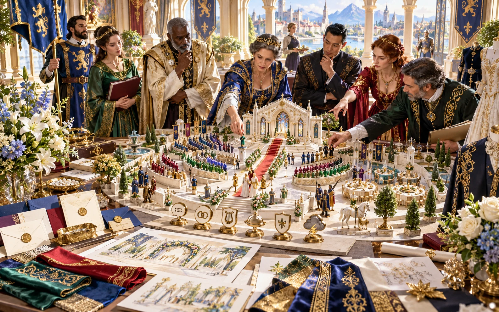 Ceremony planners arrange guest figures, seating, symbols and gifts around a miniature palace venue.